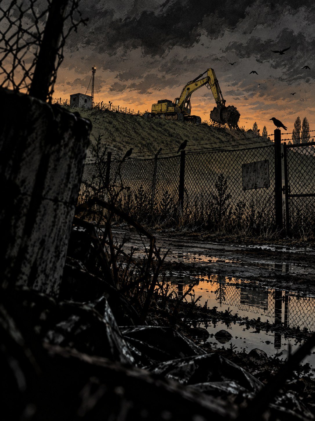 A closed landfill at dusk with an idle excavator and crows on the fence