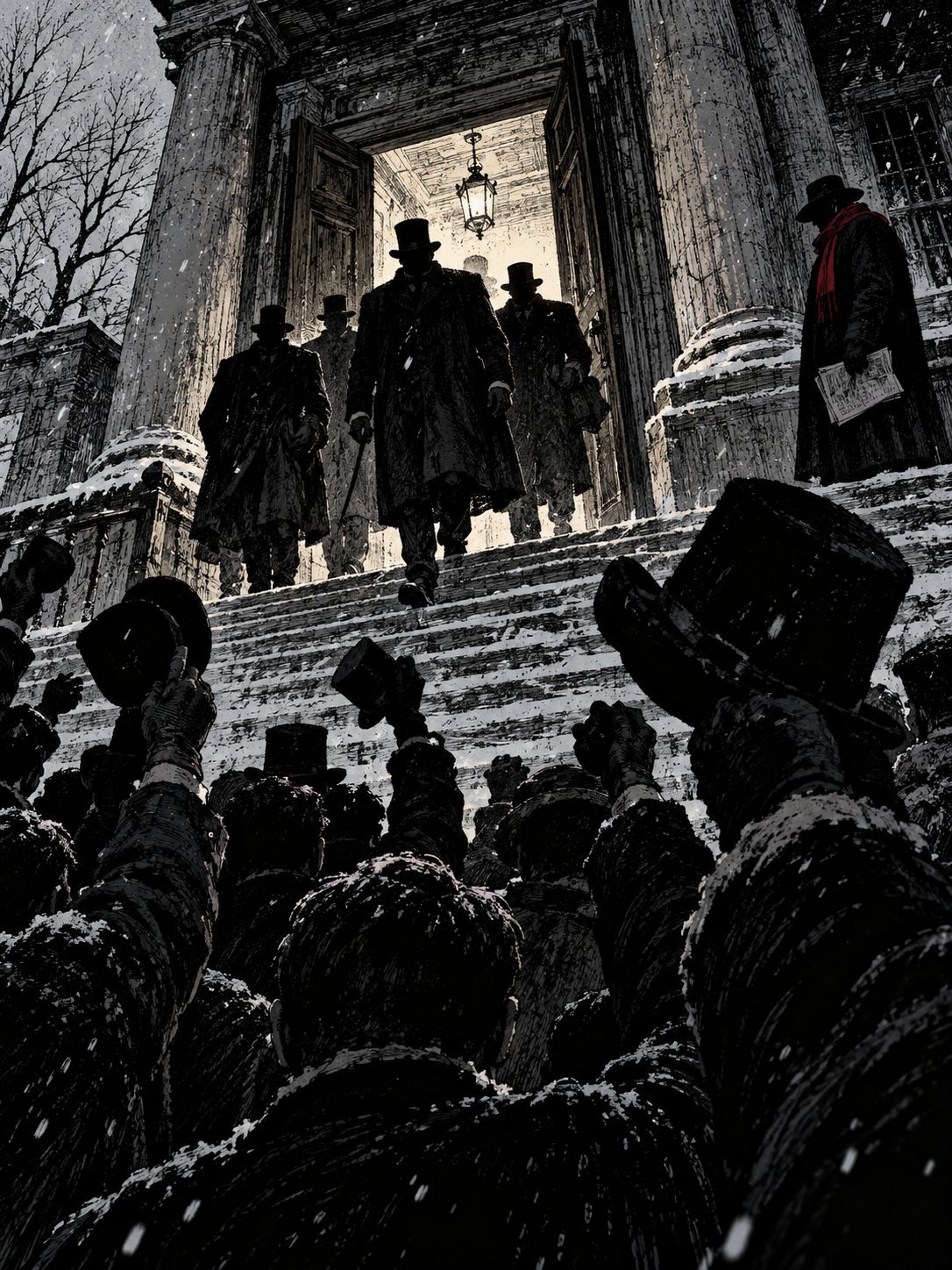 Men in top hats walk down snowy courthouse steps as a cheering crowd raises hats, one man apart in a red scarf