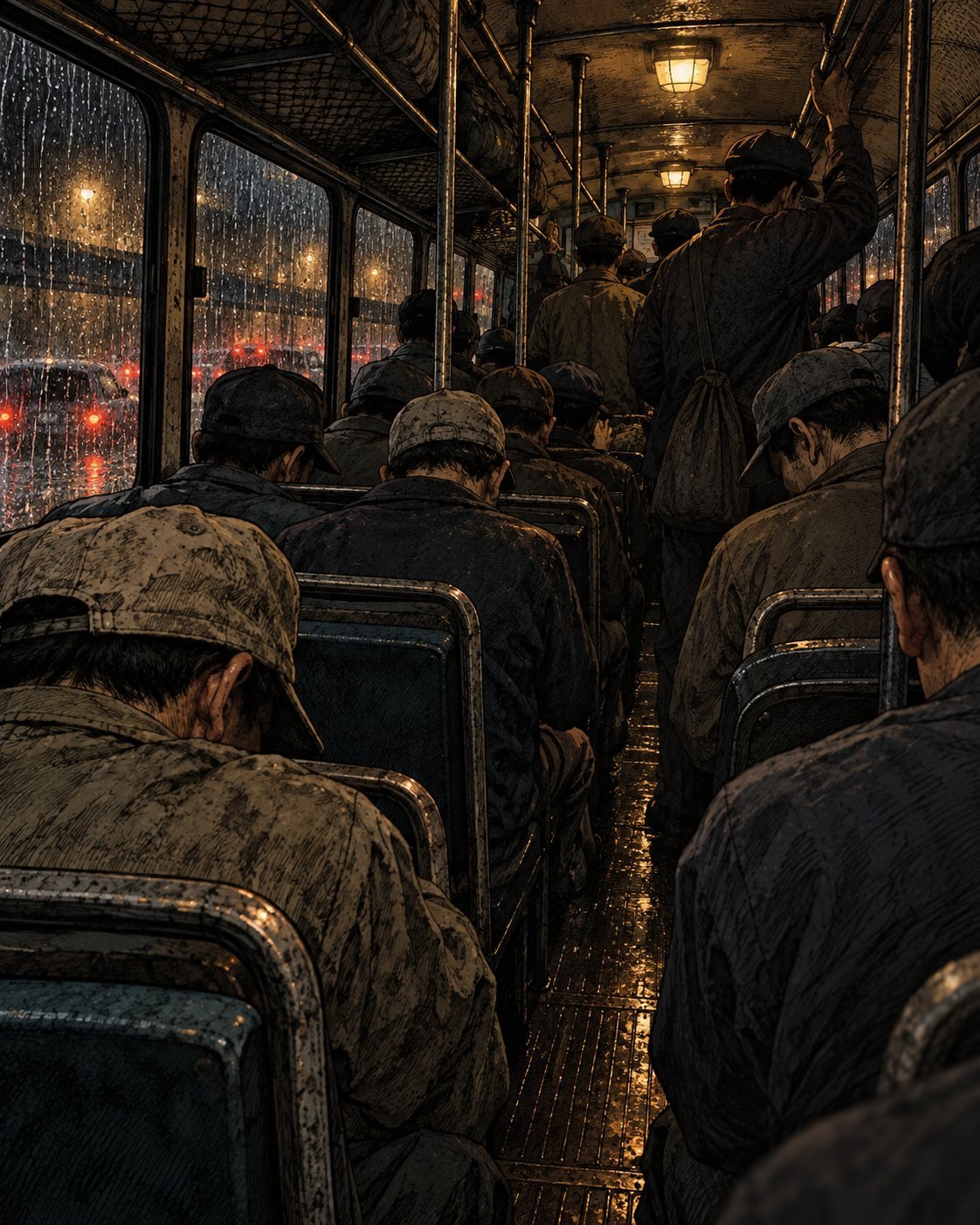 Rows of tired working men in caps riding a crowded bus at night in the rain