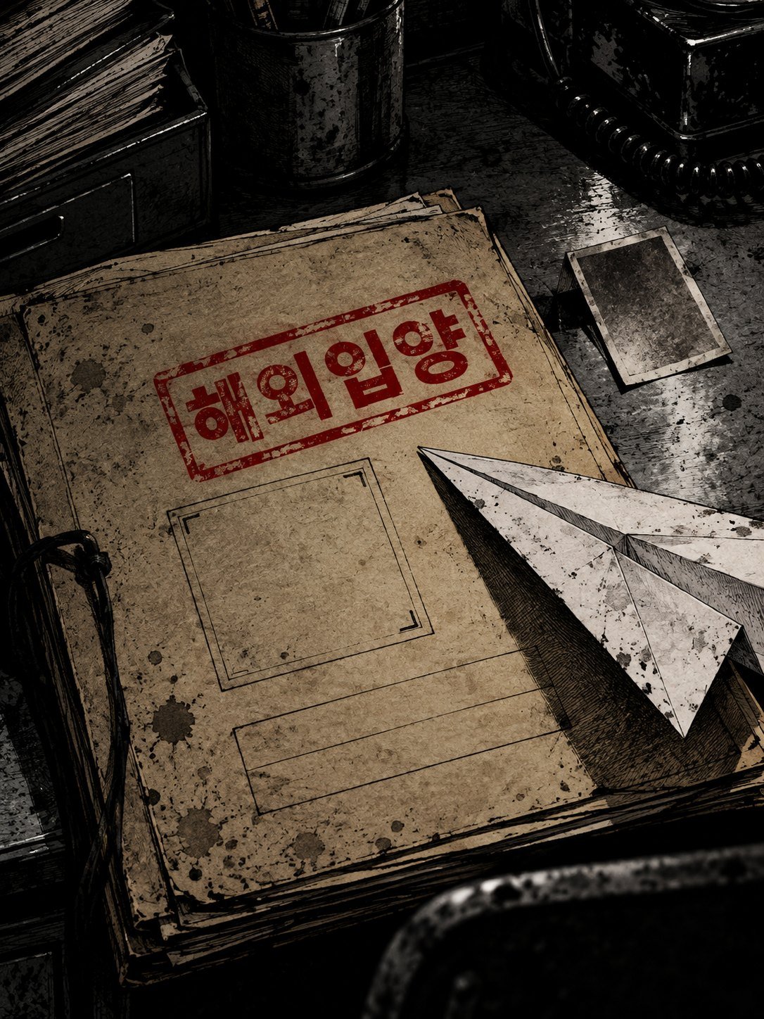 An overseas adoption file with an empty photo space and a paper airplane resting on top