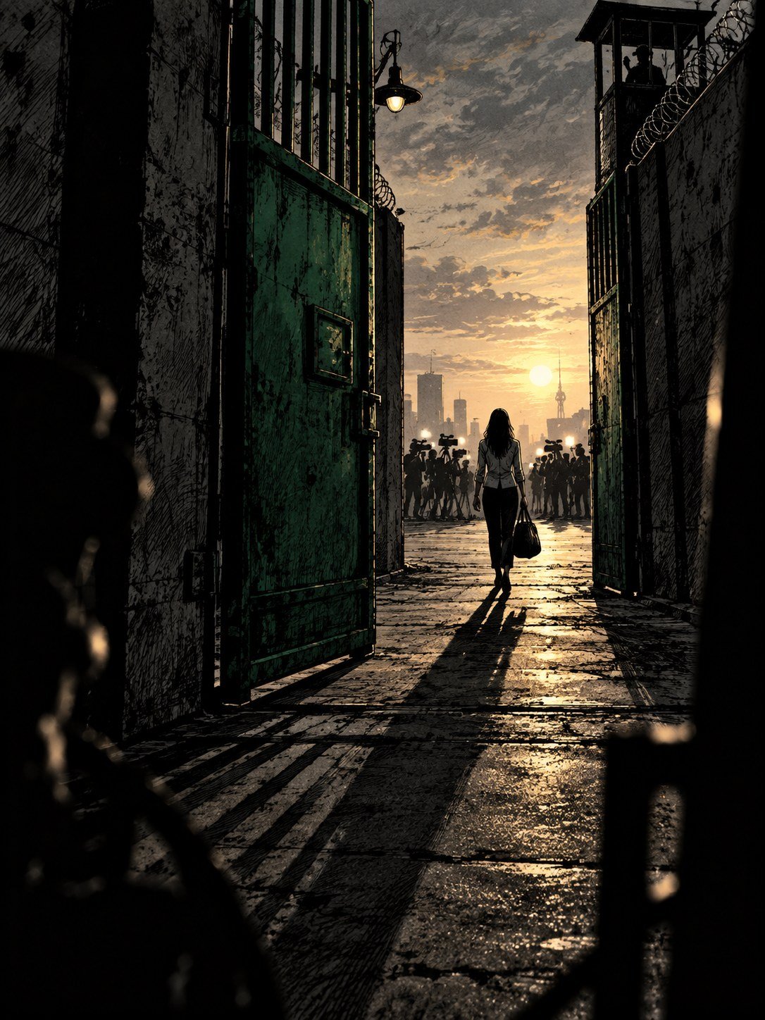 A woman seen from behind walking out of an opening prison gate at dawn toward distant cameras