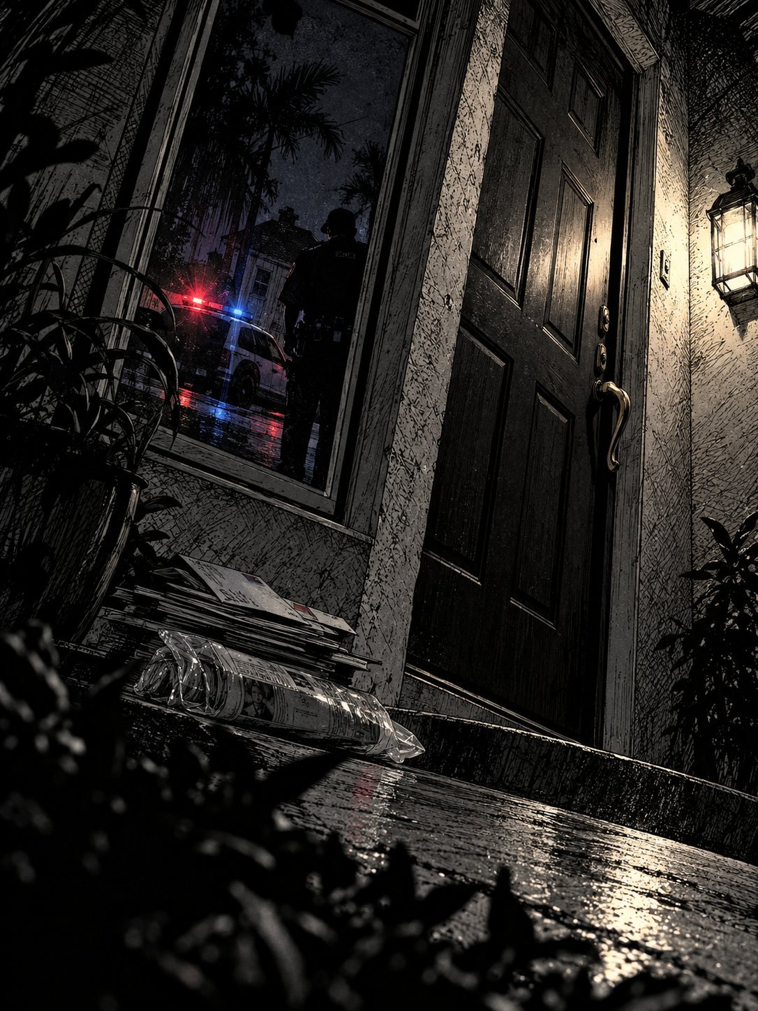 A dark window beside a front door reflects a police cruiser and an officer standing behind the viewer