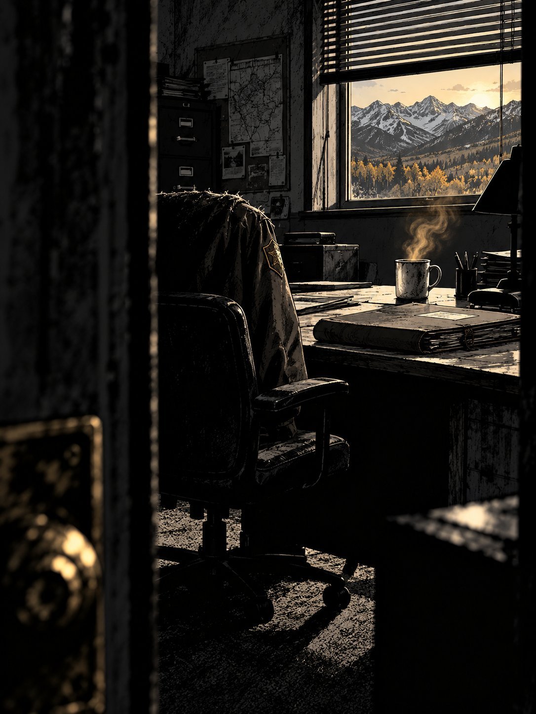 A quiet sheriff's office with a jacket on an empty chair, a closed case file and a steaming mug