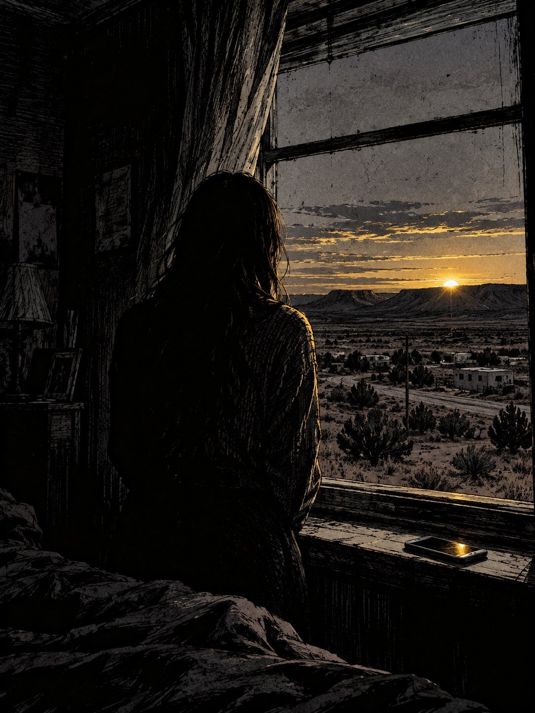 Dawn, a woman seen from behind at a window, a phone face-down on the sill, desert hills outside