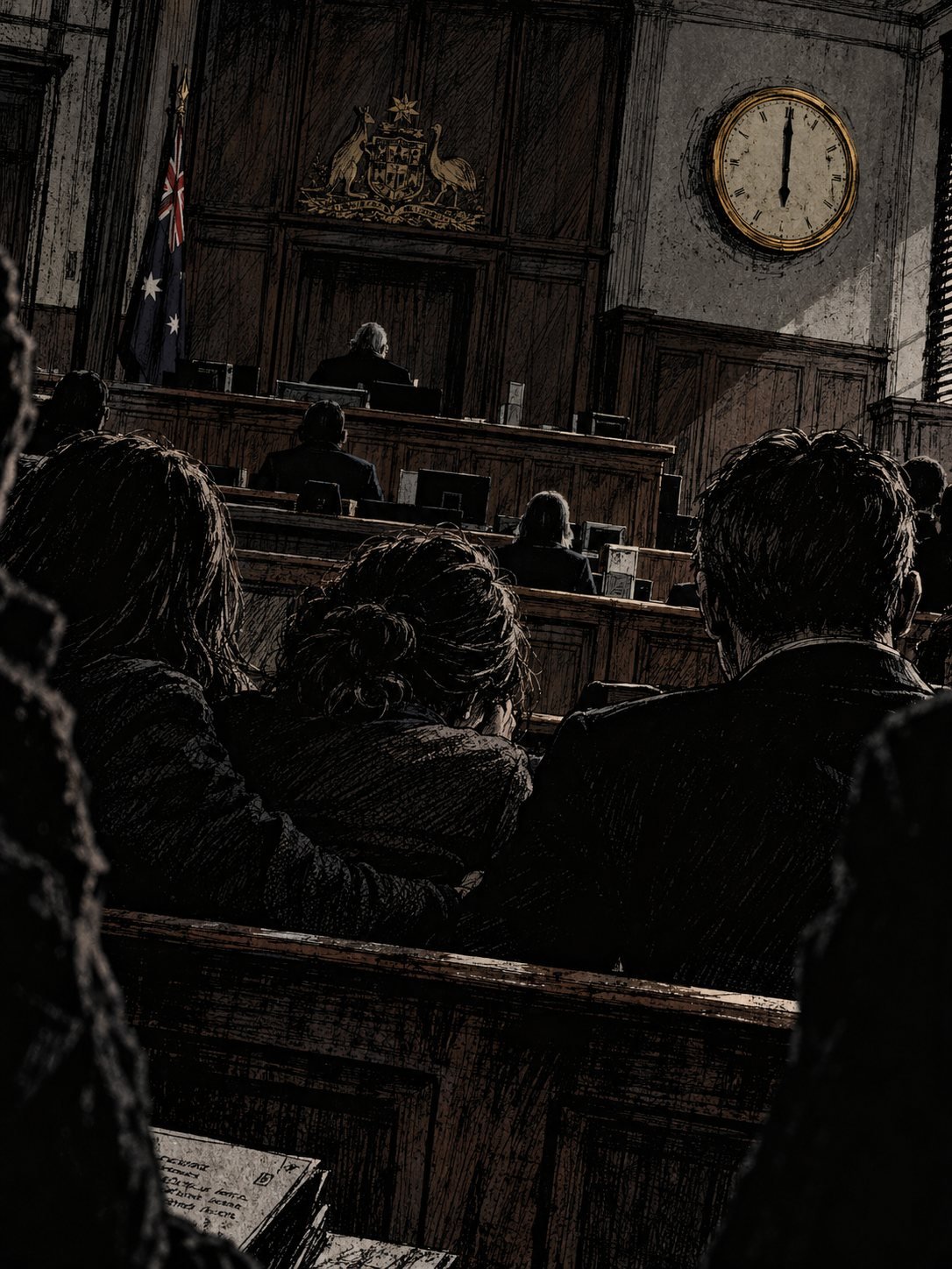 The moment of the verdict. On the gallery floor in the foreground, a dropped tissue and a woman's hand gripping the edge of the bench, knuckles white