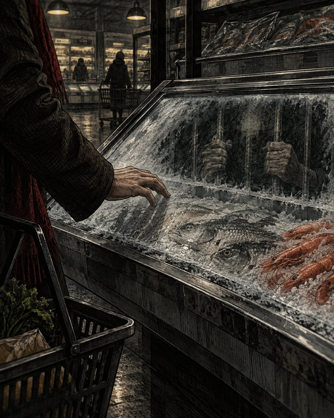 A shopper's hand hovers over a seafood case whose frosted glass reflects hands gripping iron bars