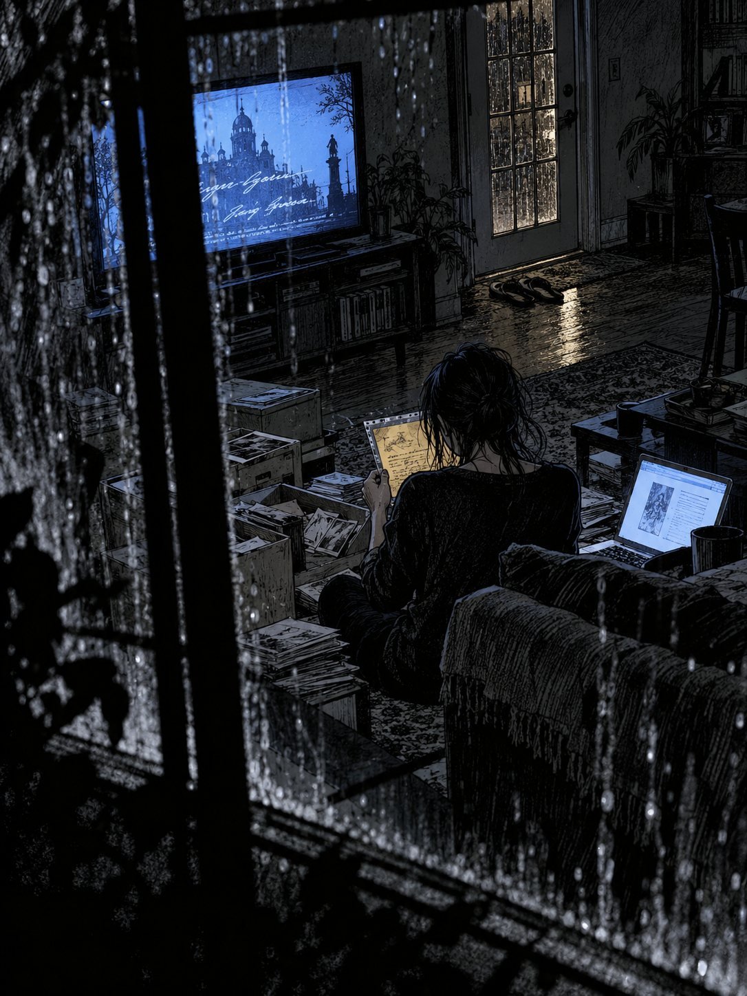 A woman seen from behind sits among boxes of papers holding the note, a mystery show on TV and slippers by the back door