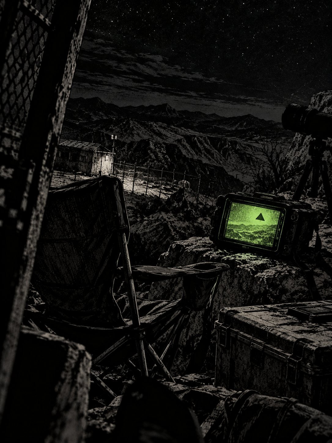 Present day: the same ridge-top observation post, now empty. A folding chair, a forgotten thermal camera on a rock, still switched on, its small screen glowing