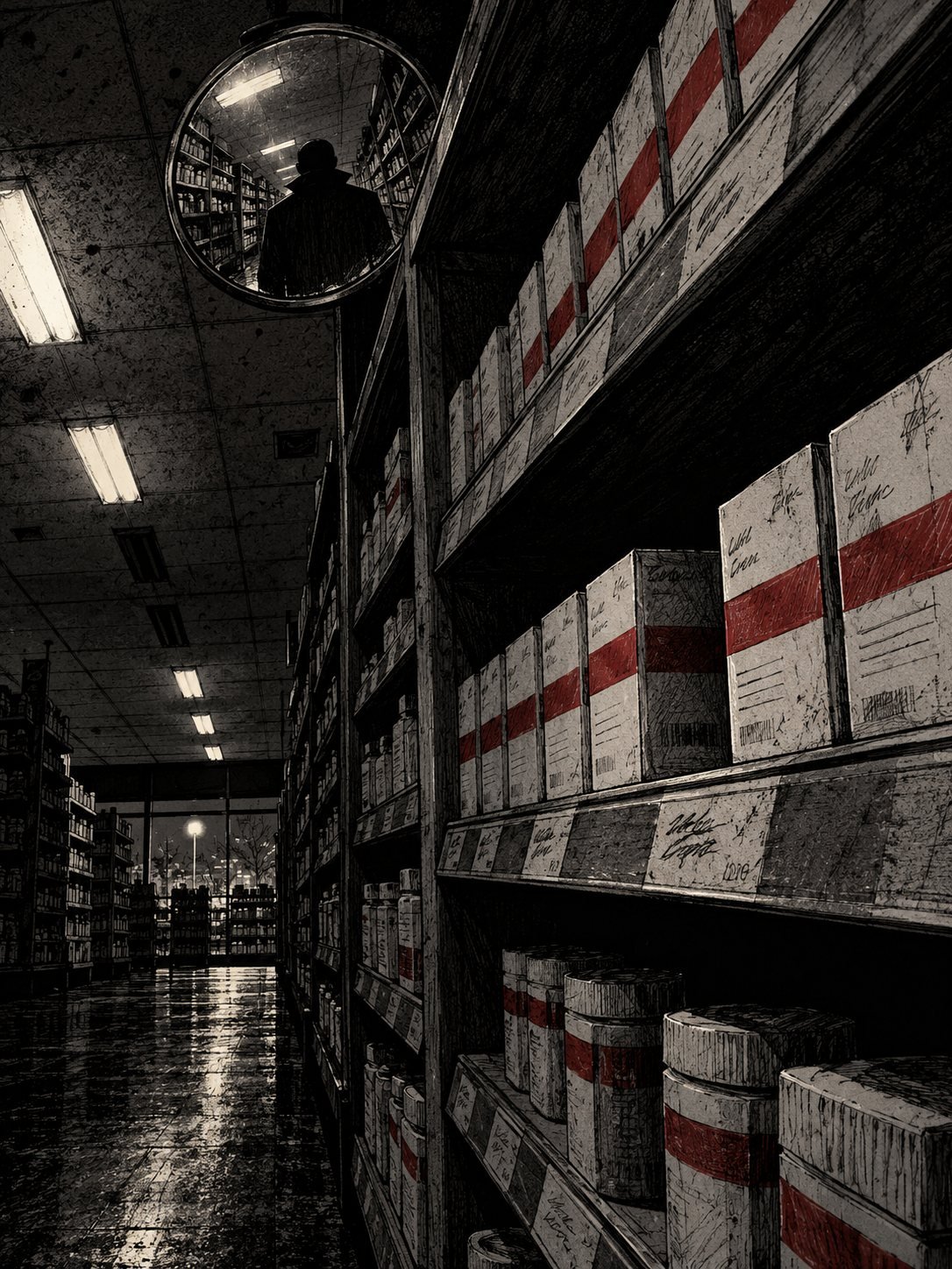 A modern drugstore aisle, lights going out one by one toward the camera. Perfectly aligned rows of sealed pill boxes
