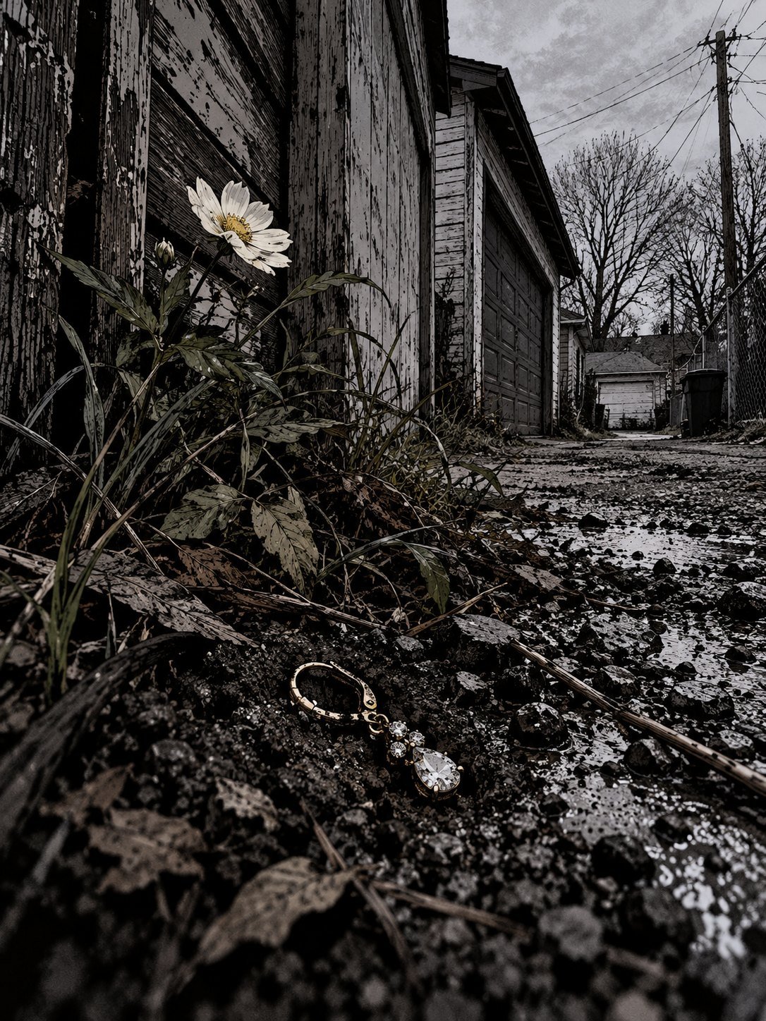 2026, the same gravel alley beside the old wooden garage, now in pale morning light, weeds through the gravel, one fresh flower laid at the garage wall