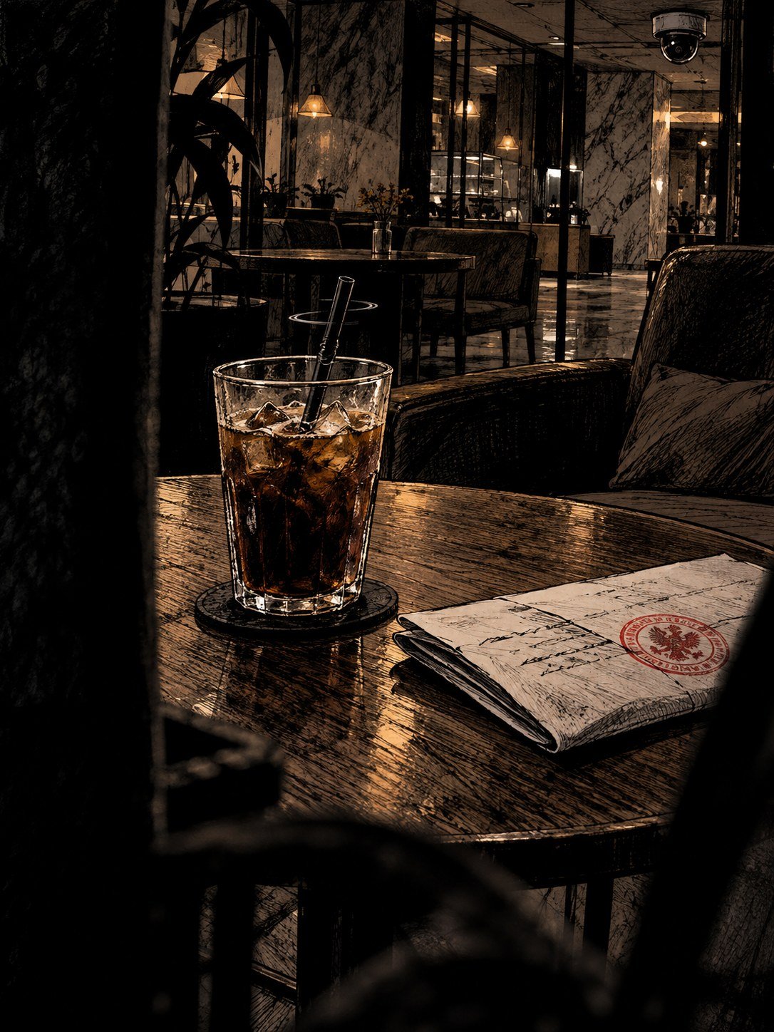 An iced coffee left on a cafe table beside a folded court document with a red stamp