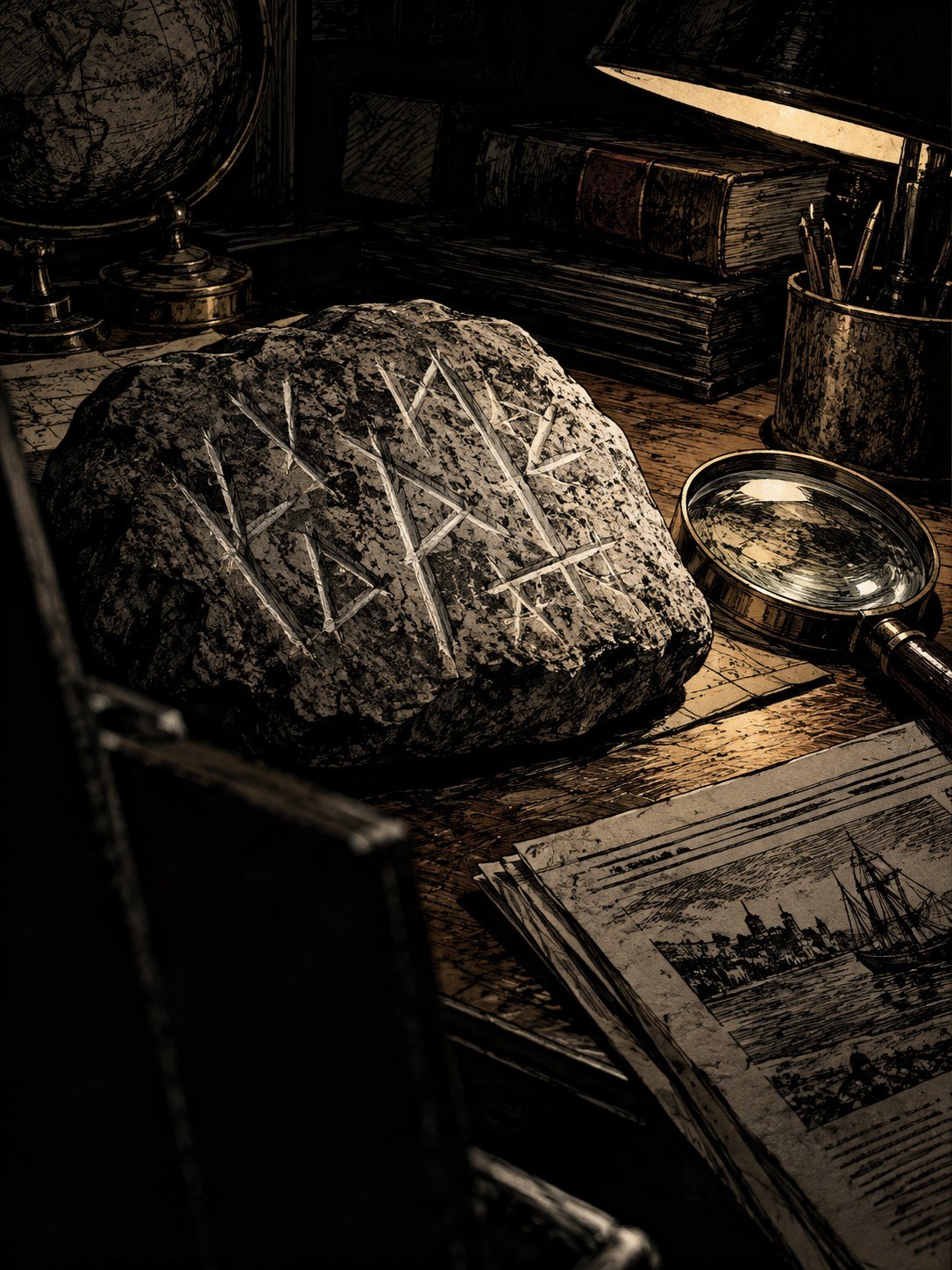 A heavy carved stone with scratched lettering on a professor's desk beside a magnifying glass