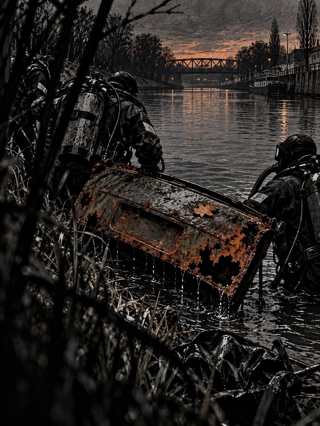 Firefighter divers seen from behind lifting a rusted car boot lid from a river at dusk