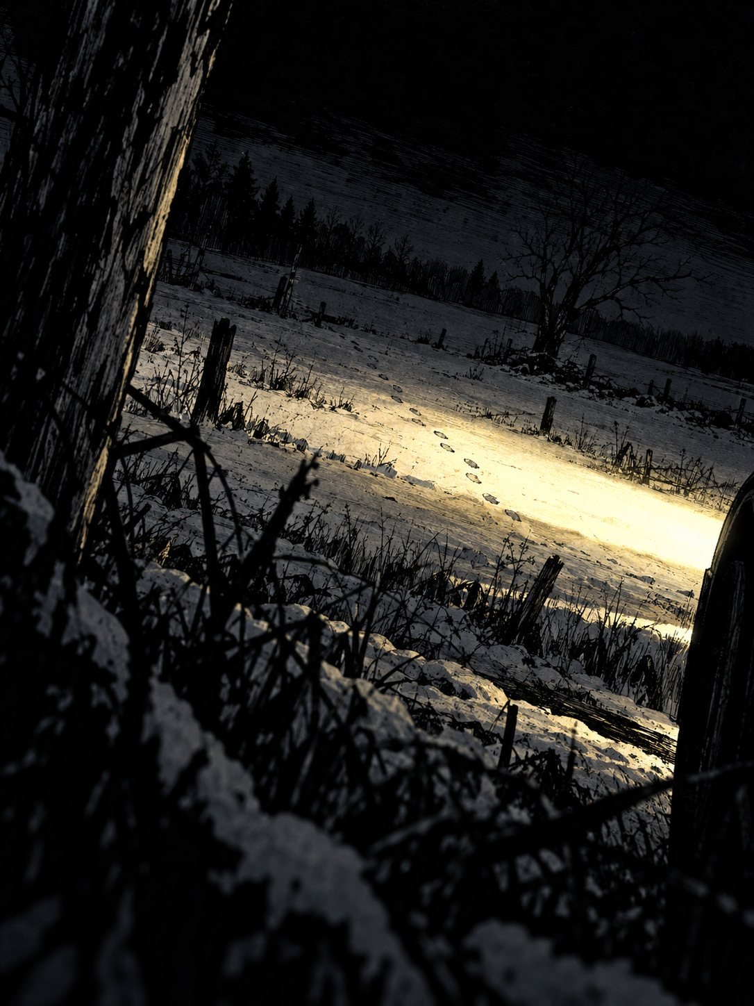 Headlights sweep across an empty snowy field where a farmhouse once stood, a line of small footprints in the snow
