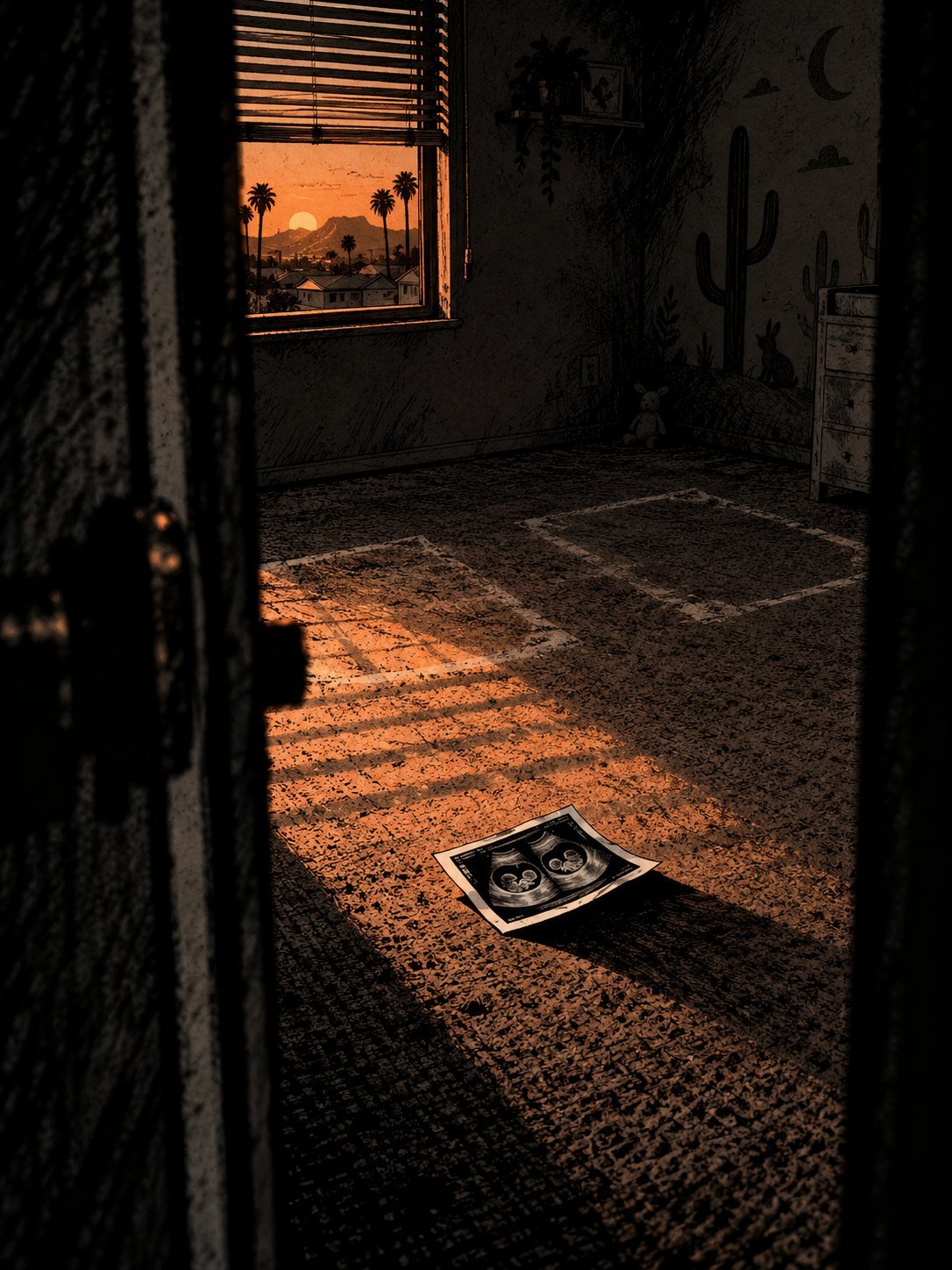 Dusk: the nursery from before, now completely empty, the cribs gone, only two pale rectangles on the carpet where they once stood, blinds half open to a desert sky