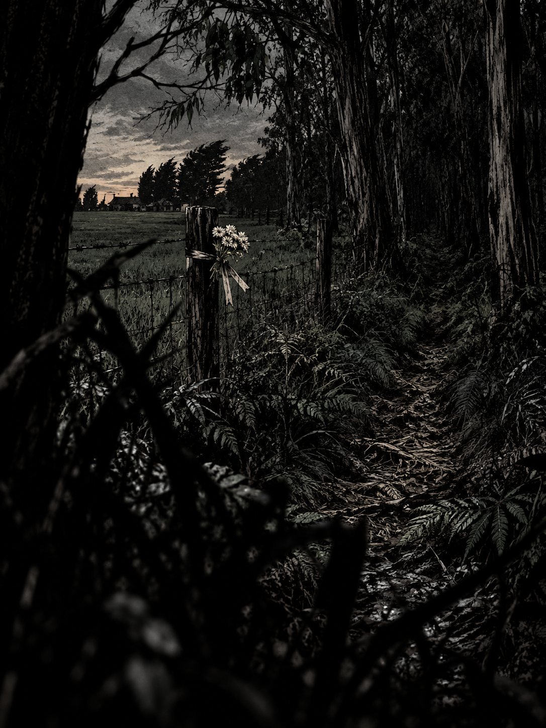 Dusk at the forest edge. A wire fence, a bunch of fresh white flowers tied to a post with ribbon