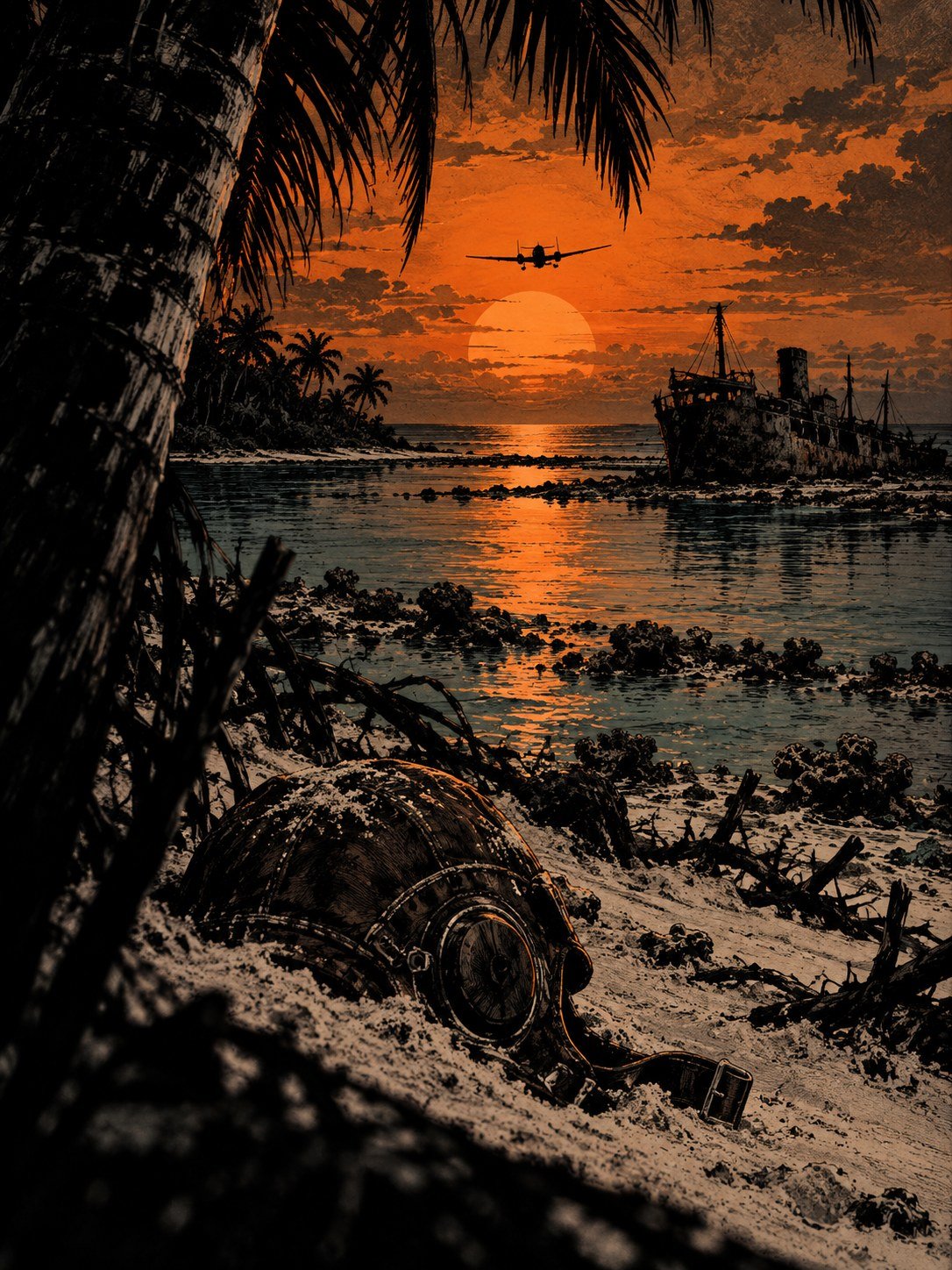 Nikumaroro at sunset, the empty lagoon glowing, the old shipwreck dark on the reef. On the beach in the foreground, a single 1930s pilot's leather helmet half buried in the sand