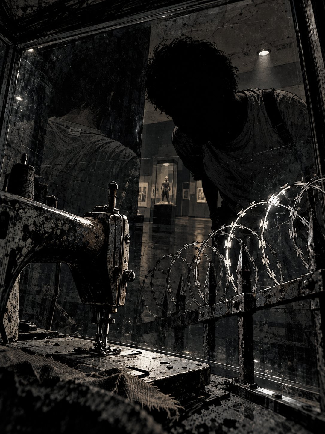 From inside a museum display case, a sewing machine and razor wire face a visitor