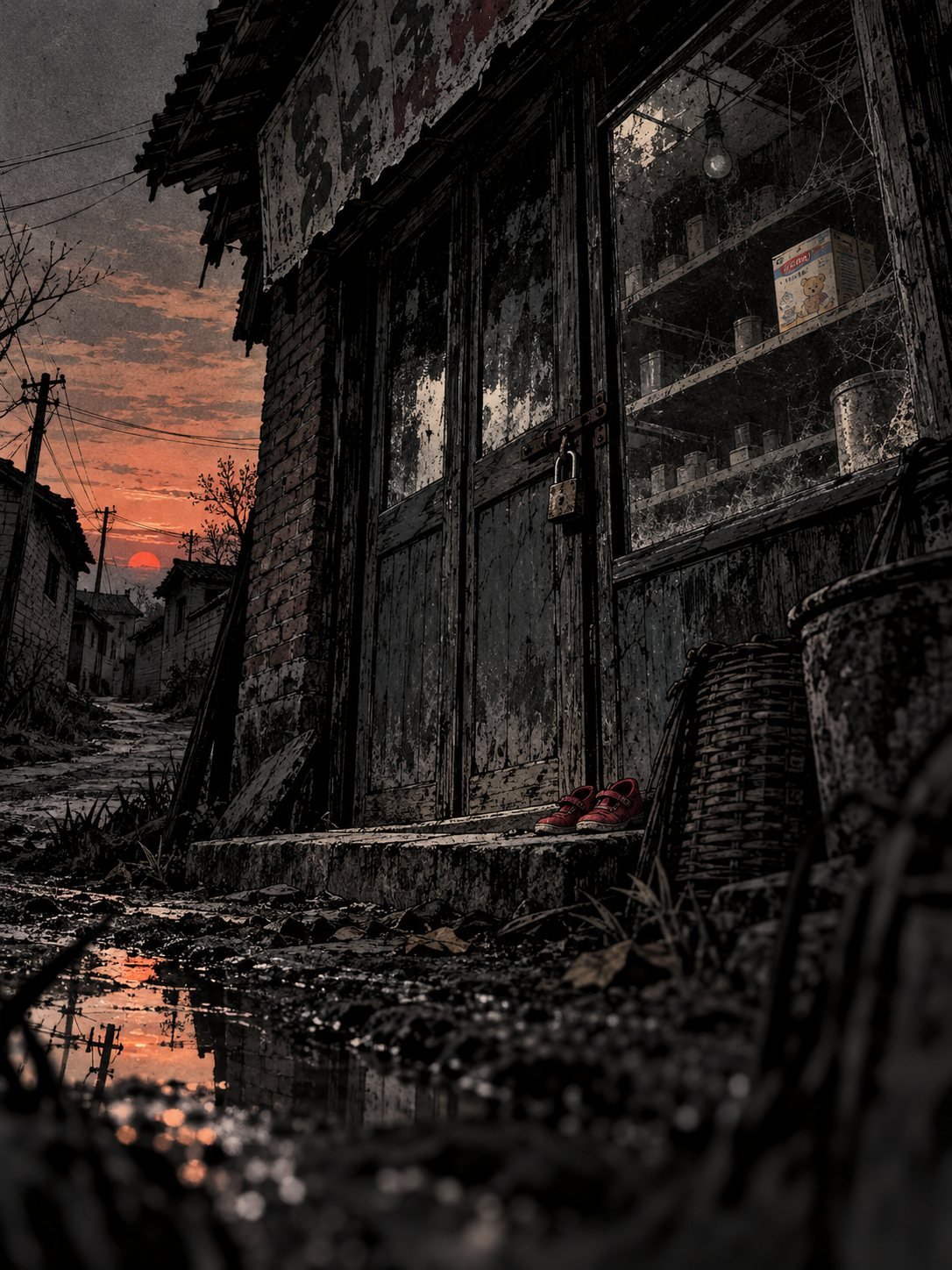 A padlocked village shop at dusk, tiny red shoes on the step and one old formula box on the dusty shelf