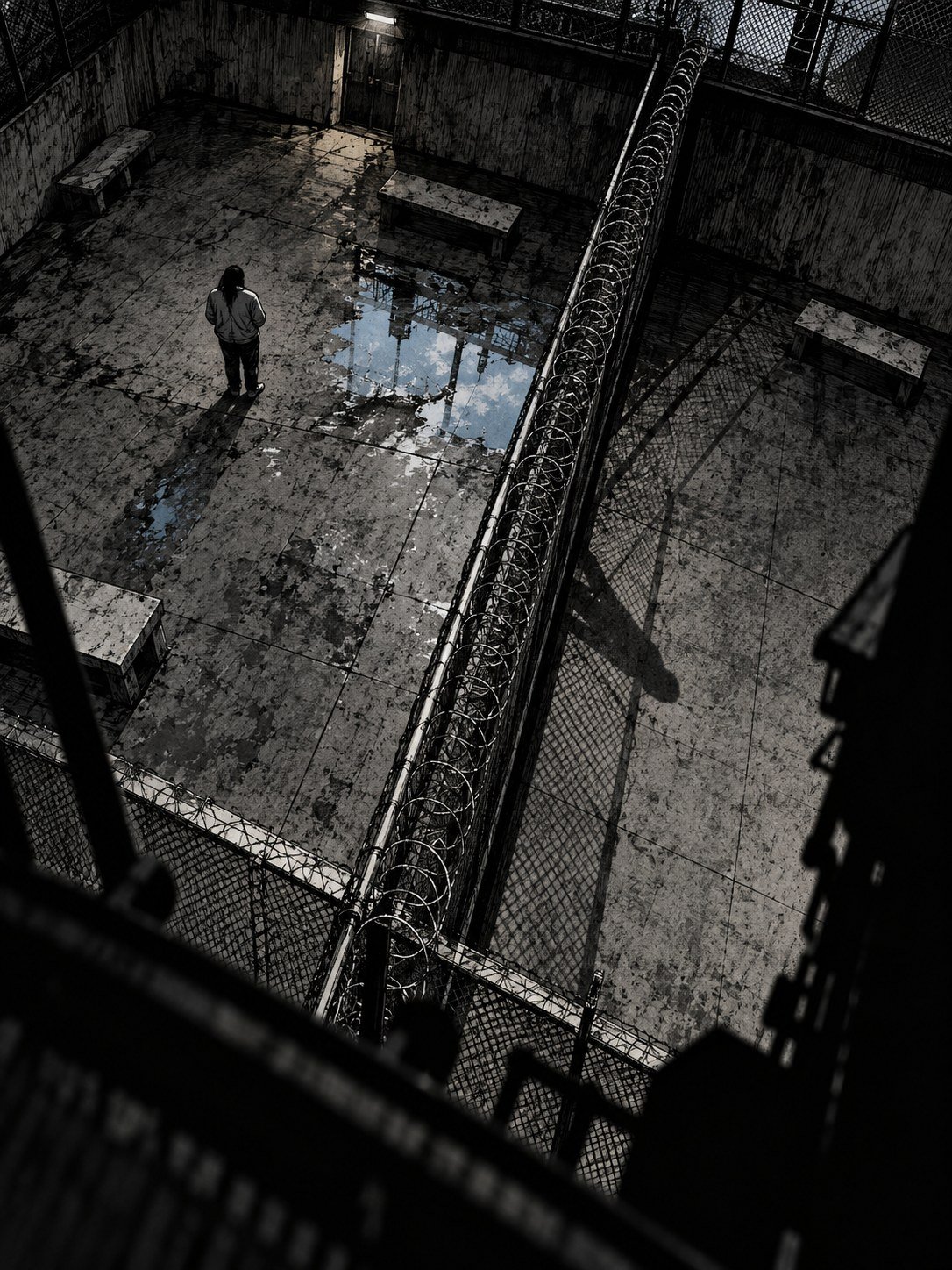 Two concrete prison exercise yards from above, divided by a mesh fence, one small figure standing alone