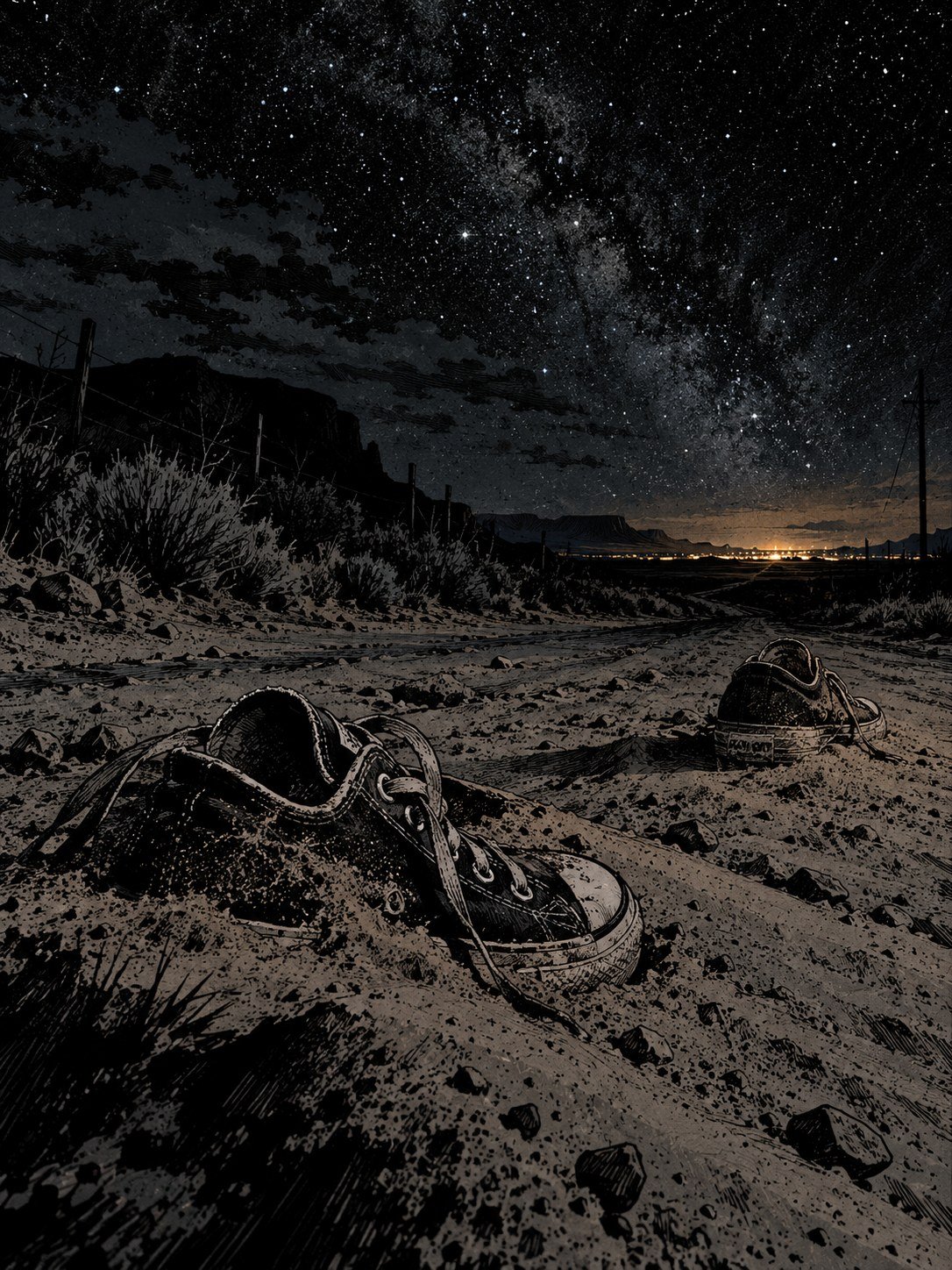 Night on the dirt road near Seligman: the same pair of women's shoes in the road, now half-covered in blown sand, the Milky Way overhead. Far away on the horizon, the faint glow of