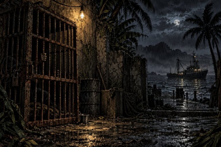 A rusted cage on a rainy tropical island at night with a fishing trawler anchored offshore