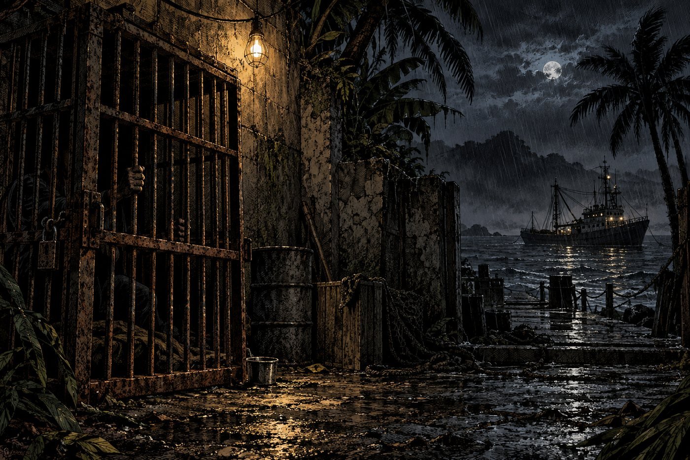 A rusted cage on a rainy tropical island at night with a fishing trawler anchored offshore