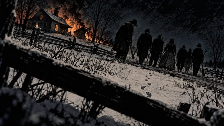 A farmhouse burns at night as a line of men with clubs walks away across the snow, small bare footprints in the foreground