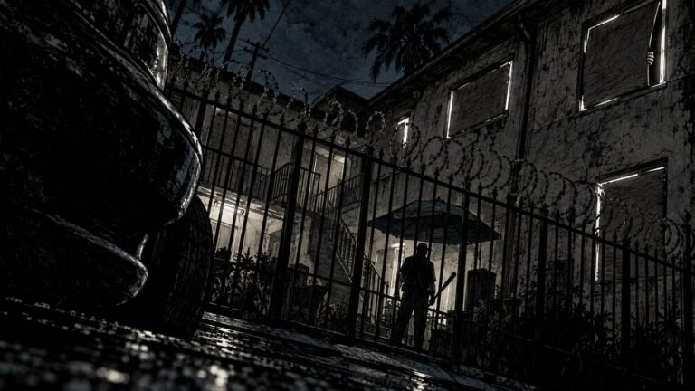 A razor-wire compound of boarded-up apartments at night, light leaking from the windows and a guard in the courtyard