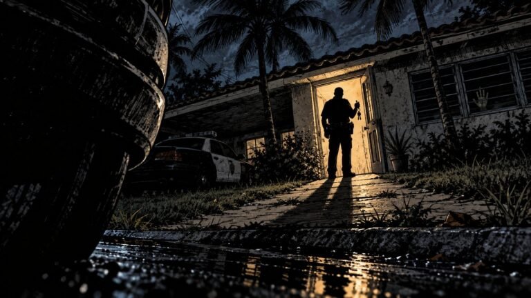 A police officer stands silhouetted in the lit doorway of a small Florida house at night, holding up a ring of keys
