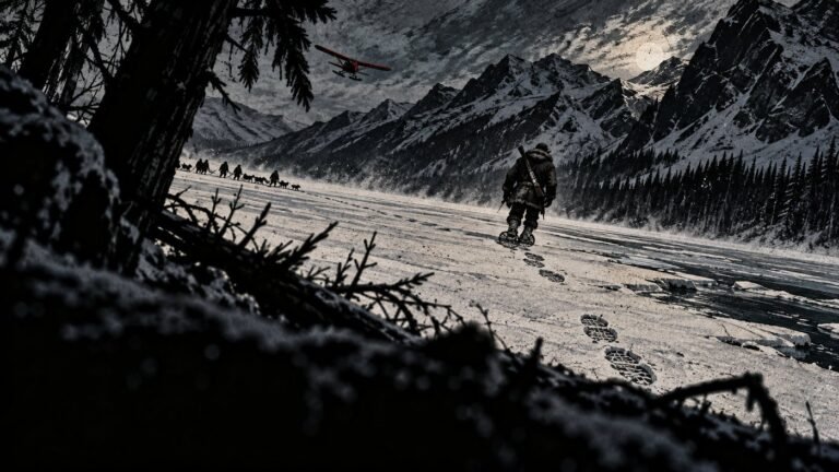 A lone trapper with a rifle walks across a frozen Arctic river as a distant posse with dog teams and a red ski plane follow his tracks