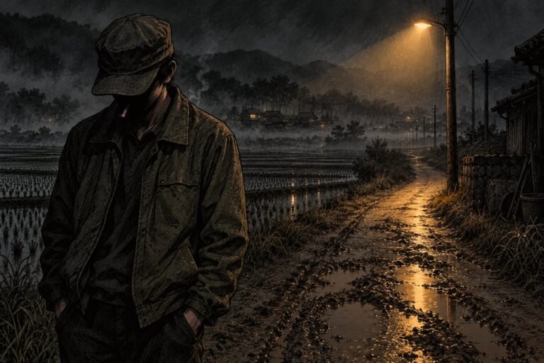 A man in a cap smokes at the edge of a streetlamp's light on a foggy rice field road at night in 1980s Korea