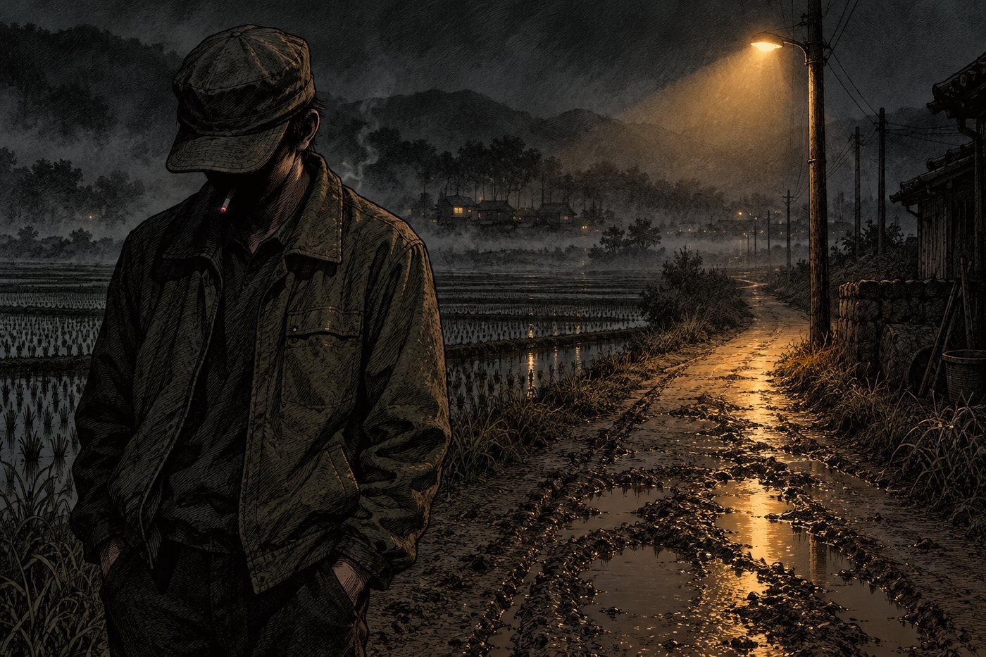 A man in a cap smokes at the edge of a streetlamp's light on a foggy rice field road at night in 1980s Korea