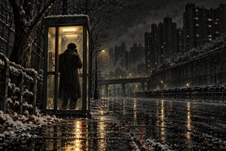 A man in a long coat makes a call from a lit phone booth on a snowy Seoul street at night